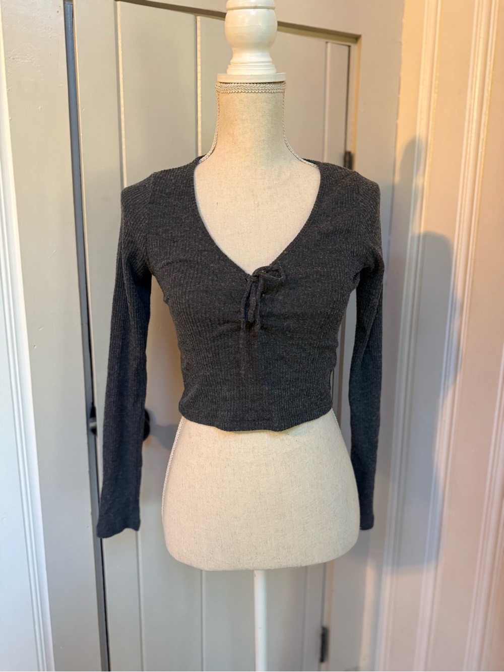 Brandy Melville Dark Gray Ribbed V‑Neck Tie Crop Top